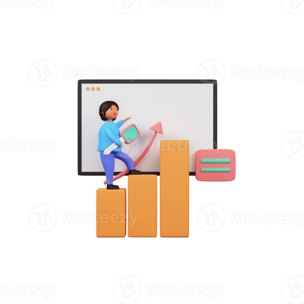 3D Render of Businesswoman Holding Key At Growth Bar Graph. png