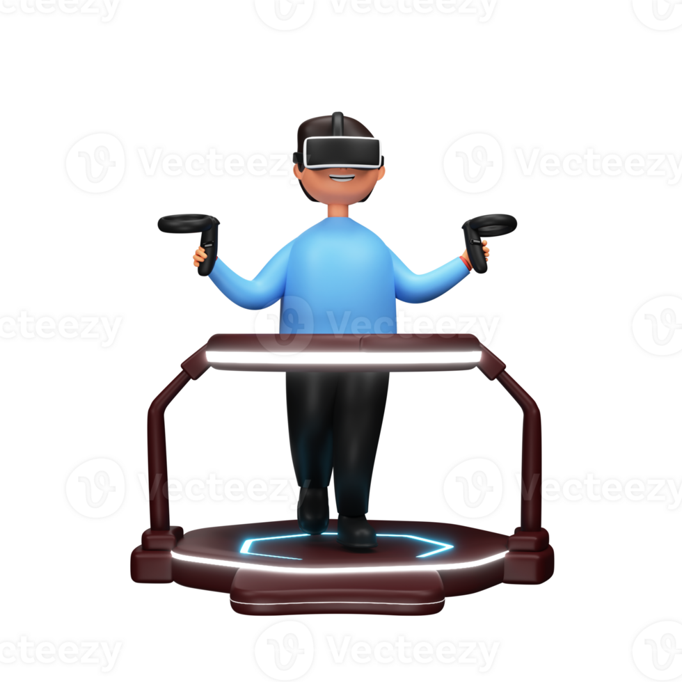 3D Rendering Cheerful Male Character Wearing Vr Glasses With Controller On Treadmill. png