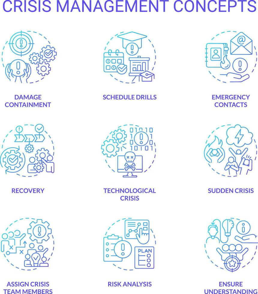 Crisis management blue gradient concept icons set. Preventive measures. Risk control idea thin line color illustrations. Isolated symbols vector