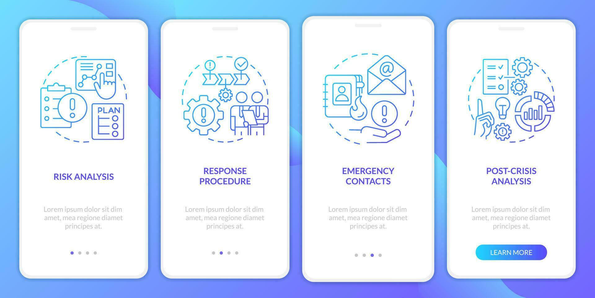 Crisis management plan blue gradient onboarding mobile app screen. Walkthrough 4 steps graphic instructions with linear concepts. UI, UX, GUI template vector