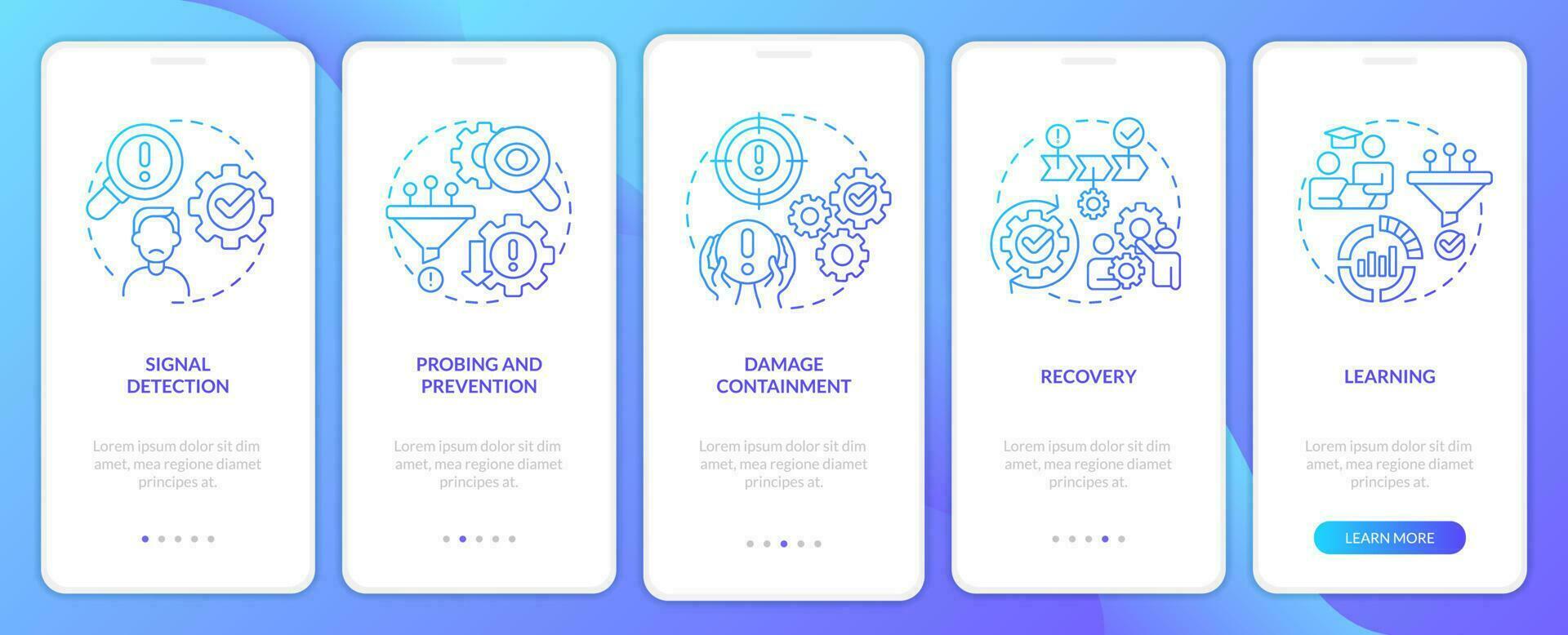 Model for crisis management blue gradient onboarding mobile app screen. Walkthrough 5 steps graphic instructions with linear concepts. UI, UX, GUI template vector