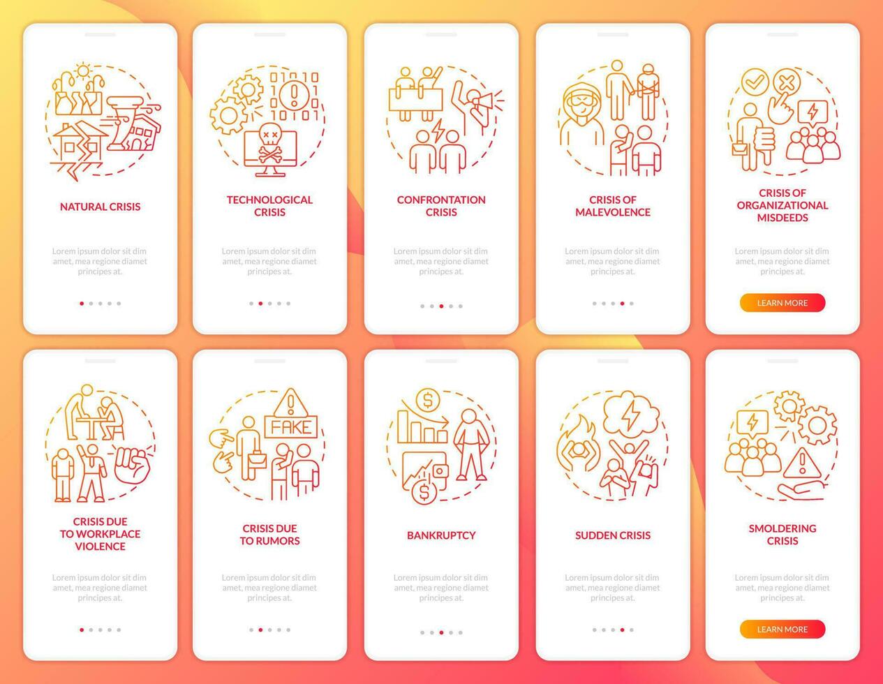 Crisis management red gradient onboarding mobile app screen set. Risks types walkthrough 5 steps graphic instructions with linear concepts. UI, UX, GUI template vector