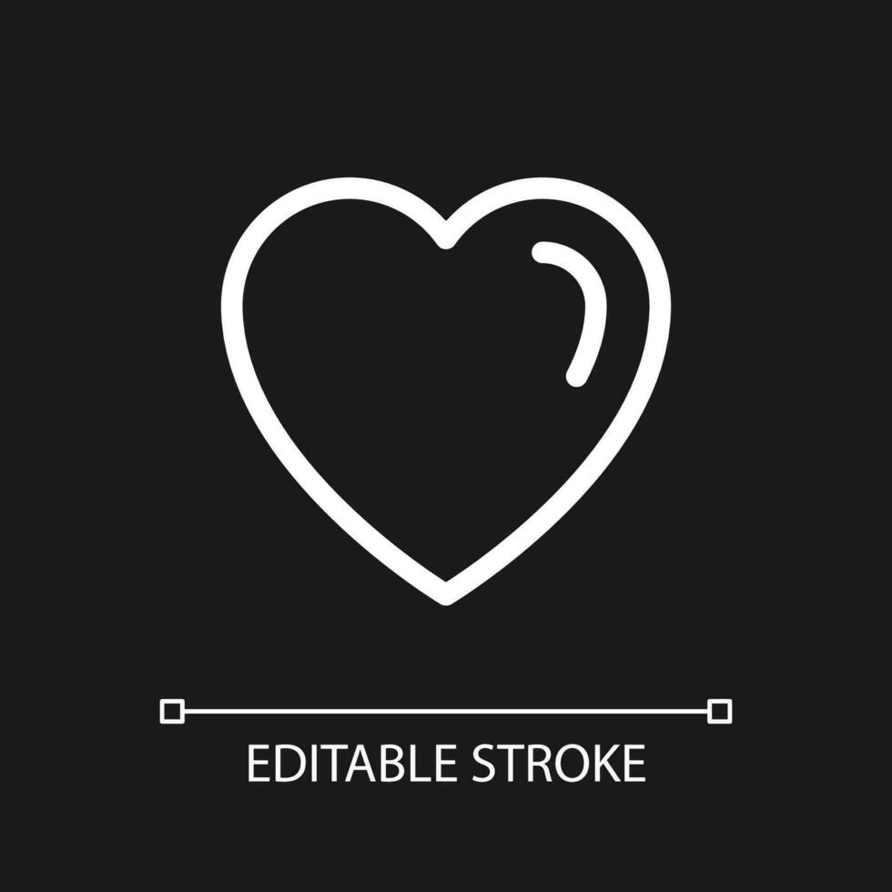 Heart pixel perfect white linear ui icon for dark theme. Tender feelings. Healthcare, wellness. Vector line pictogram. Isolated user interface symbol for night mode. Editable stroke