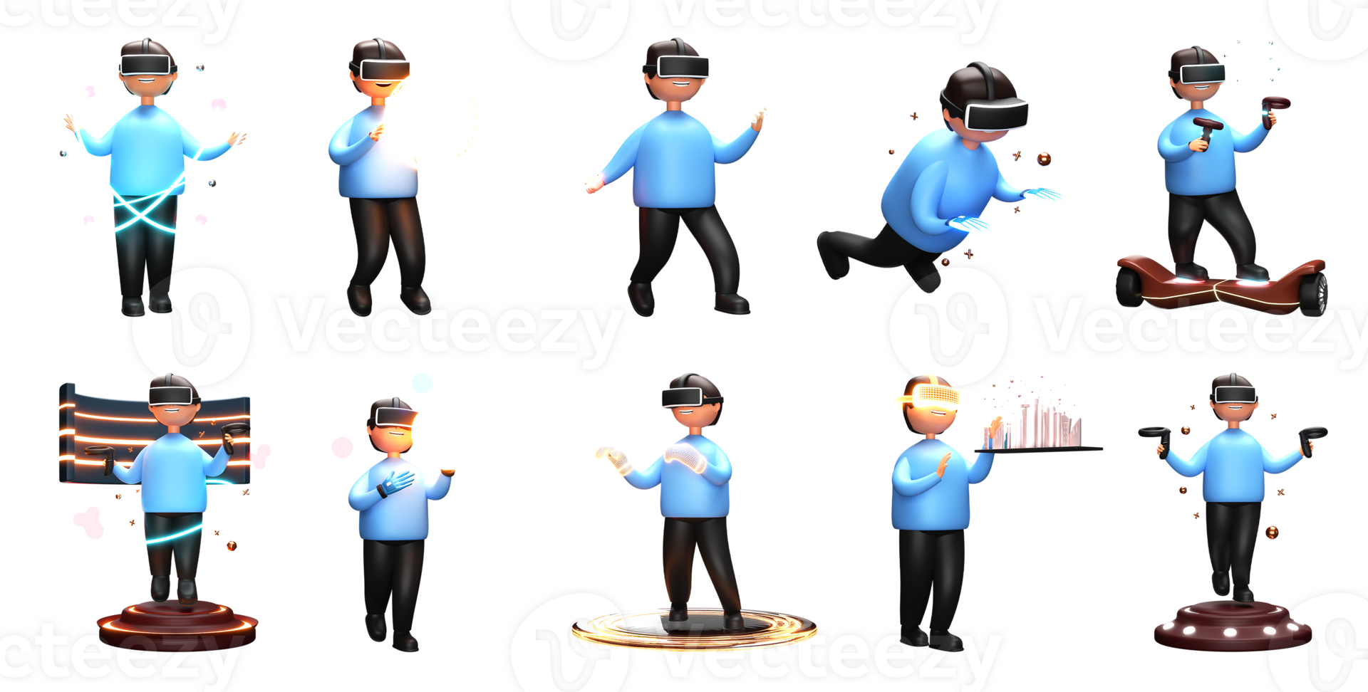 3D Rendering of a Set with an Young Man Wearing VR Goggles In Various Imaginary or Virtual Actions. png