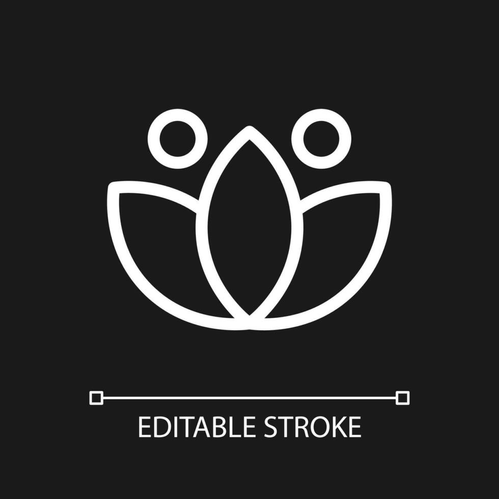 Lotus pixel perfect white linear ui icon for dark theme. Meditation sign. Inner calmness. Vector line pictogram. Isolated user interface symbol for night mode. Editable stroke