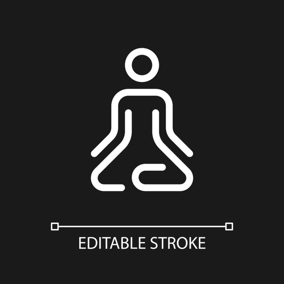 Meditation pixel perfect white linear ui icon for dark theme. Lotus position. Calmness, harmony. Vector line pictogram. Isolated user interface symbol for night mode. Editable stroke