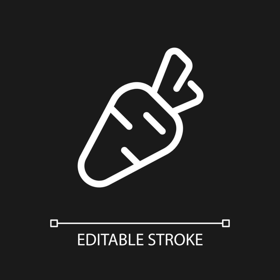Carrot pixel perfect white linear ui icon for dark theme. Healthy product. Nutritious vegetable. Vector line pictogram. Isolated user interface symbol for night mode. Editable stroke