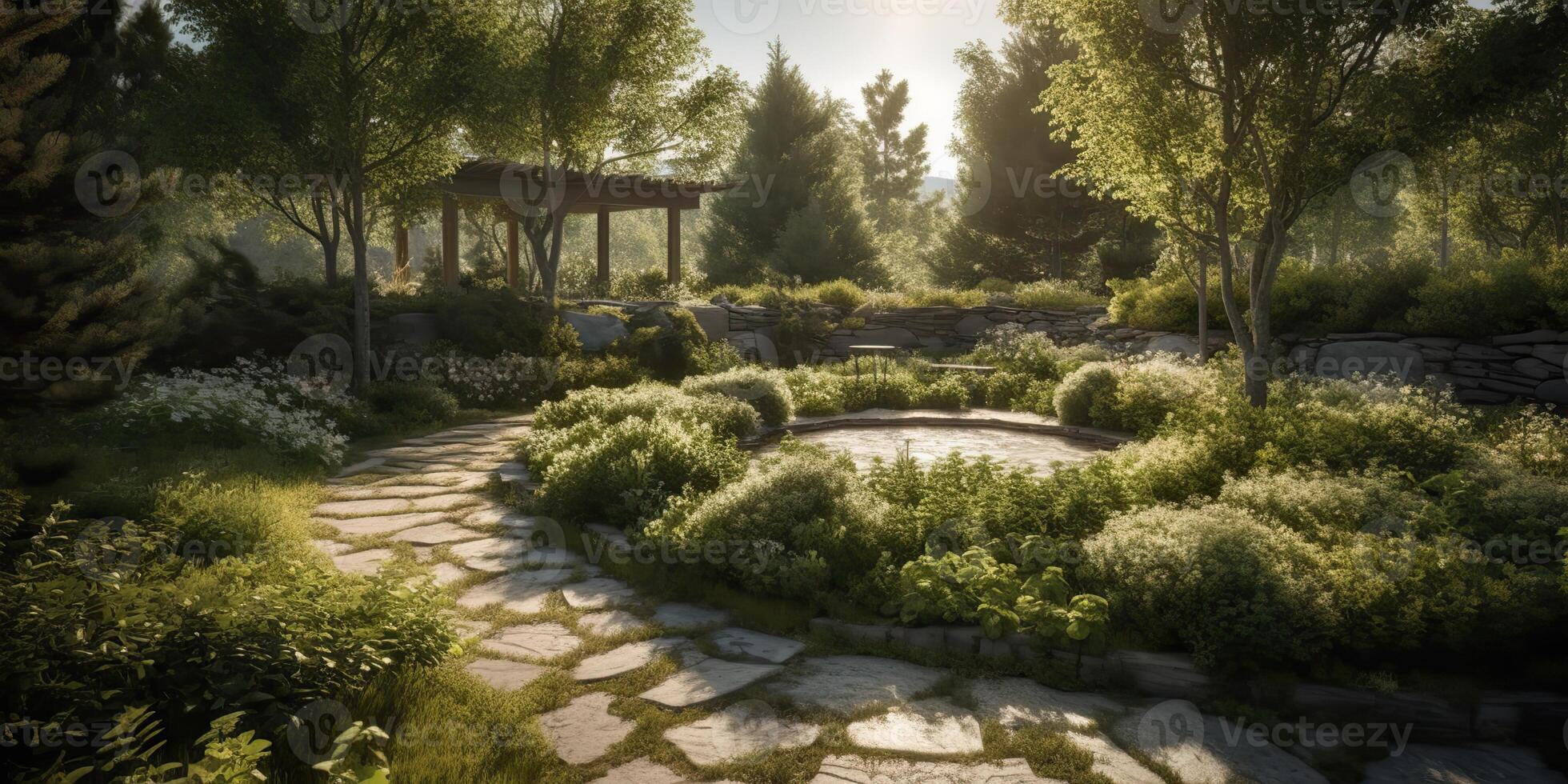 . . Photo realistic illustration of scandinavian peace calm meditation garden outside city house. Relax vibe. Graphic Art