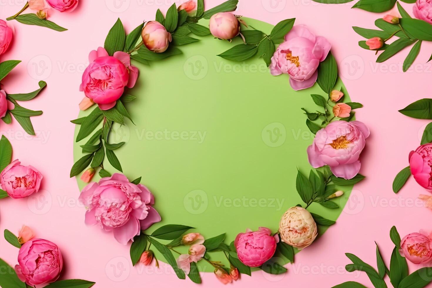 Floral round frame, wreath made of a lot of peonies flower buds and green leaves. photo