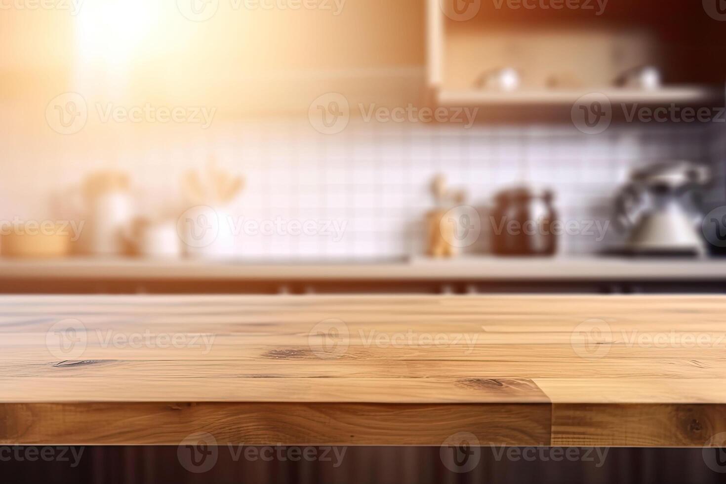 Empty wooden tabletop with blurred kitchen background. Generative AI ...