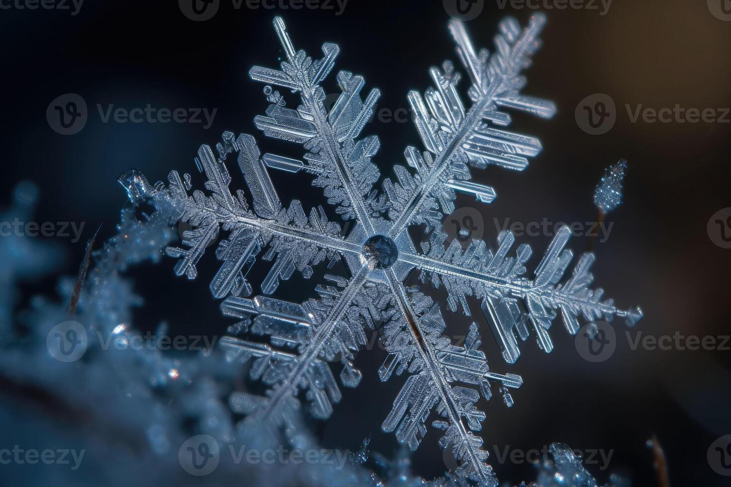 de cerca macro Disparo de un transparente copo de nieve. generativo ai foto