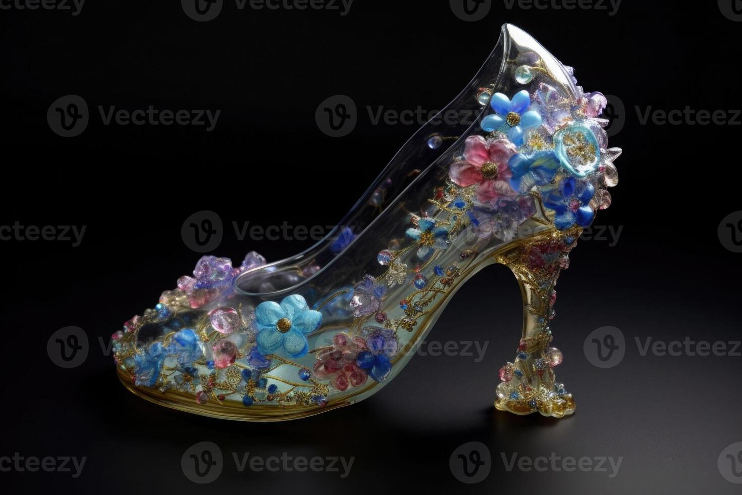 Womens high heeled slipper. Cinderellas slipper made crystal glass and diamonds. photo