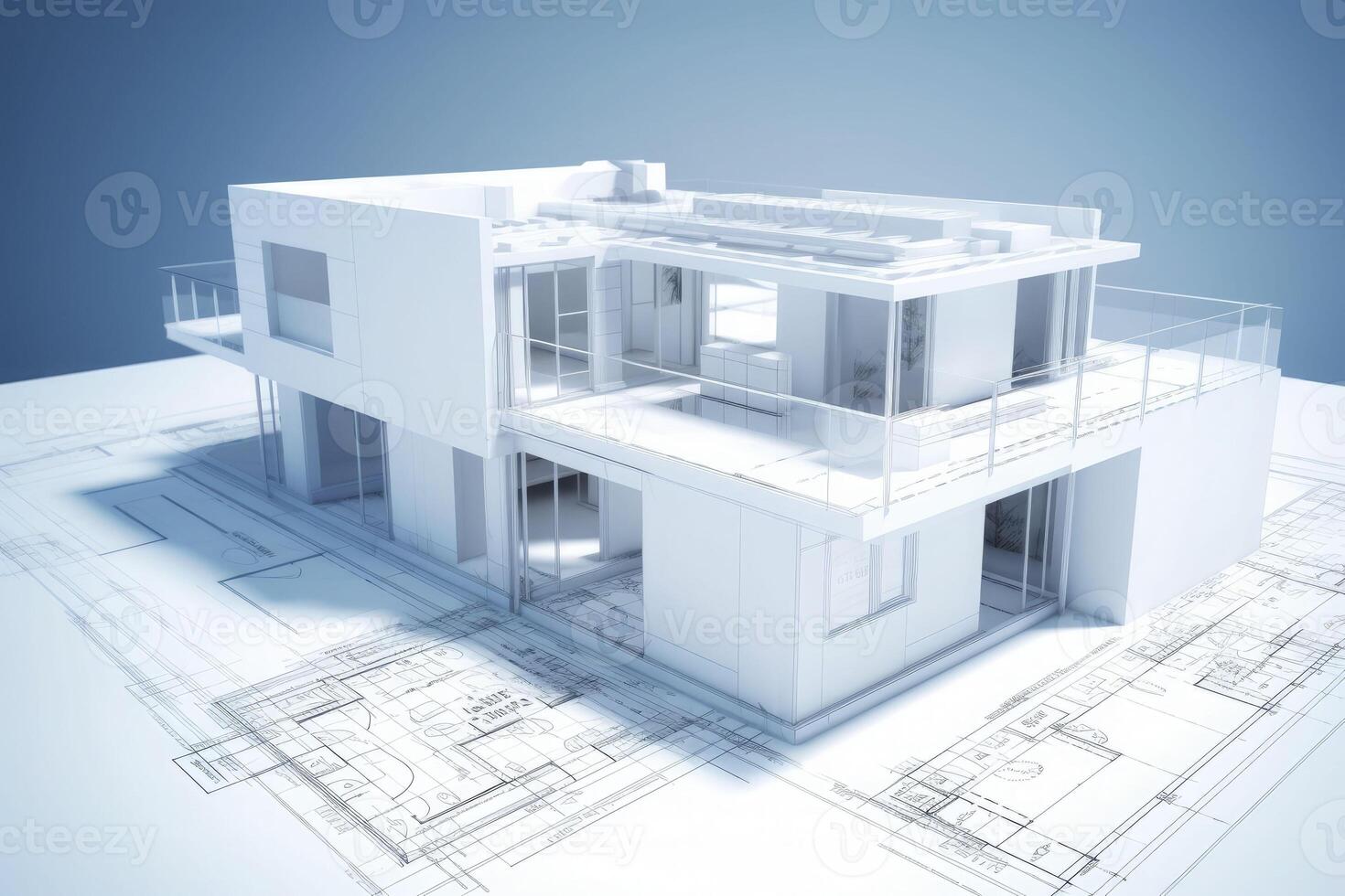 Building project plan. Blueprint of a modern house with 3d model. photo