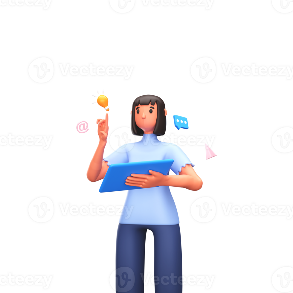 3D Render of Business Woman Using Tablet With UI Icons. png