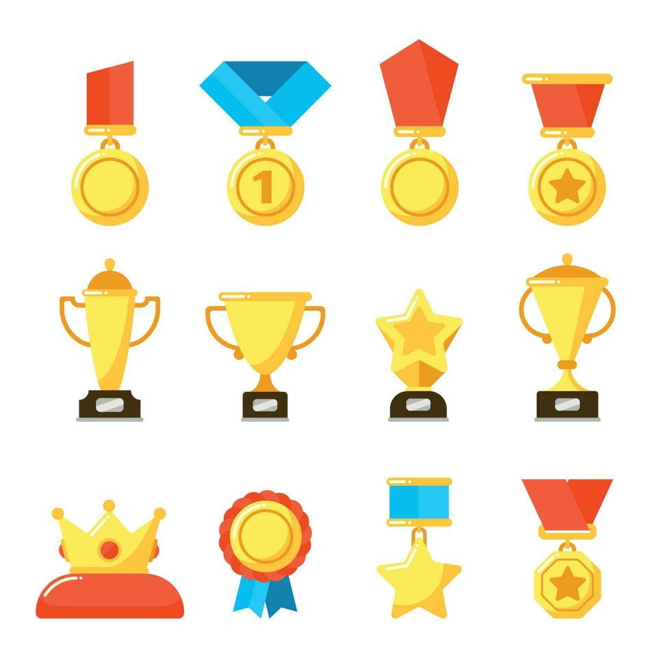 Sport trophy award, gold championship goblet and awarding reward cup. Golden awards at rewards ceremony vector icons set