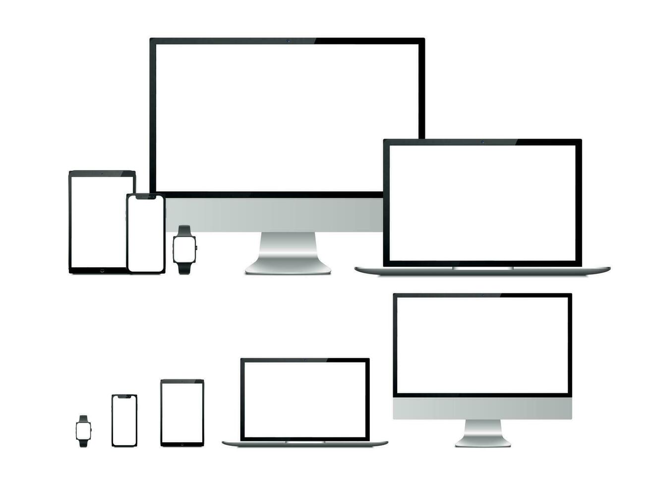 Computer, laptop, tablet, smartphone and smart watch device with blank white screen. Devices mockup for presentation isolated vector set