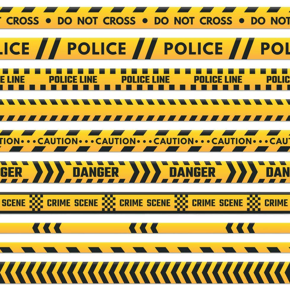 policía negro y amarillo línea hacer no cruzar. barricada Perímetro aislado por peligro cinta. crimen escena barrera rayas vector conjunto