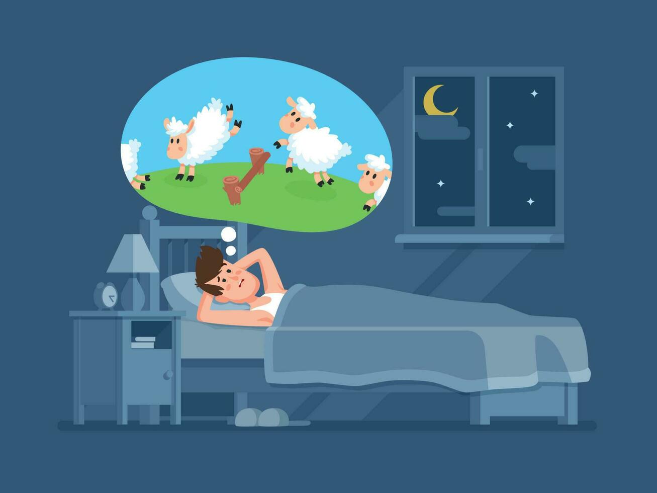 Sleepless man in bed trying to fall asleep counting sheeps. Count sheep for insomnia cartoon vector concept