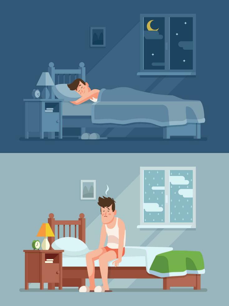 Man sleeping under duvet at night, waking up morning with bed hair and feeling sleepy. Sleep disorder cartoon vector concept
