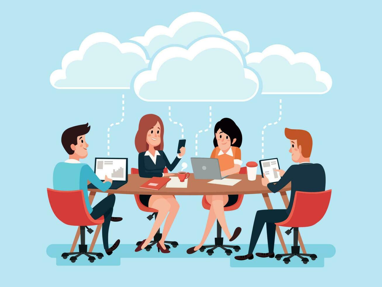 Business team using laptops, business people sharing office documents, chat virtual conference on cloud technology cartoon vector characters