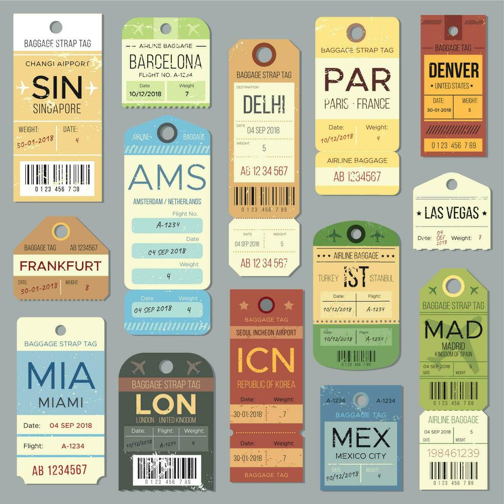 Old luggage tag or label with flight register symbol. Isolated vintage baggage tags and tickets vector set