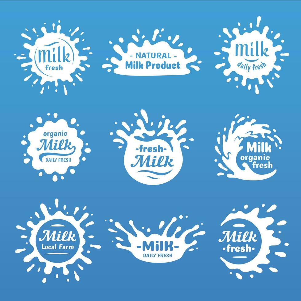 Yogurt splash, milks macula or milky drink blot. Natural yoghurt cream or milk blots silhouette vector cartoon shape set