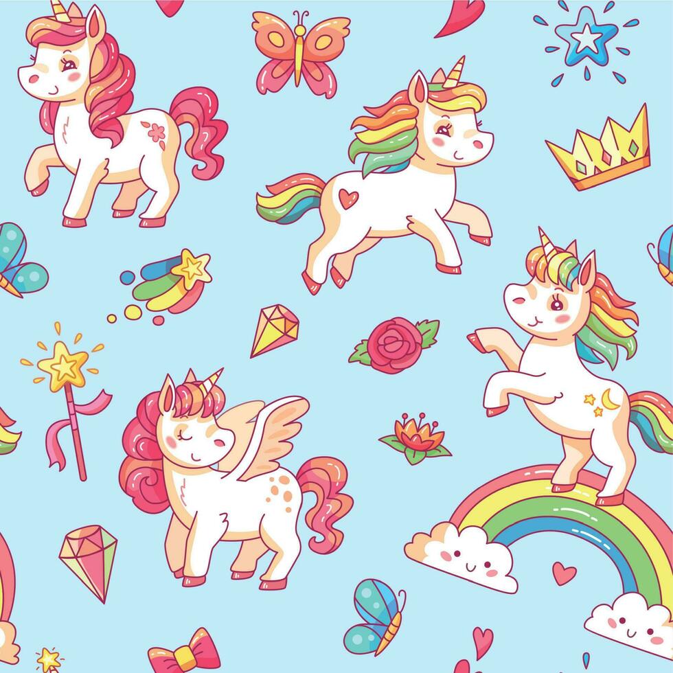 Cartoon babe pony sketch cute background. Miracle sweet dreams with magic unicorn, clouds and rainbow vector seamless pattern