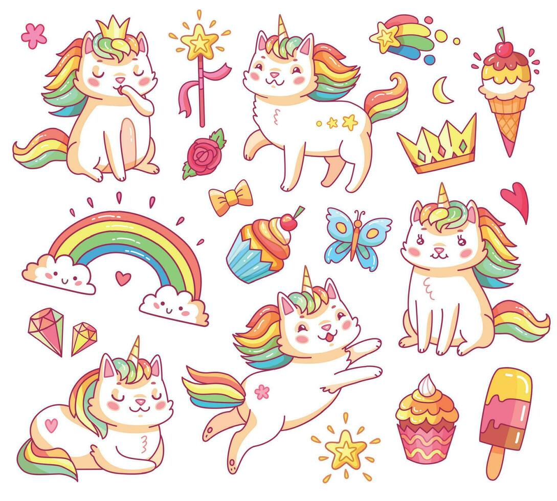 Magic unicorn cats in crown, sweet cupcakes, ice cream, rainbow and clouds. Cartoon fairy smiling cat, kitty with color tail vector set