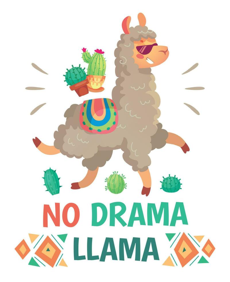 motivación letras con No drama llama. Relajado alpaca o lama dibujos animados niños ilustración vector