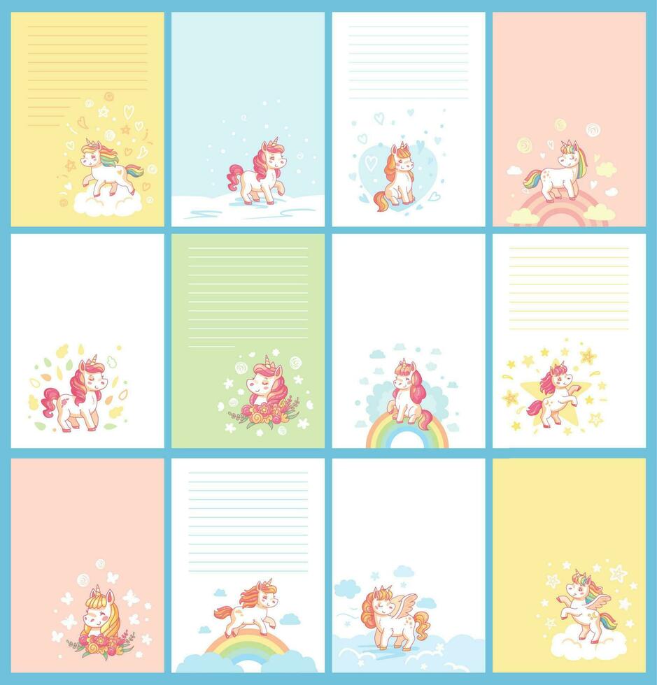 Magic cute unicorn cartoon template for birthday calendar, girl journal card, children note or planner for kids. Cards vector set