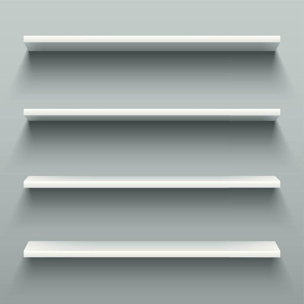 Empty white shelves for home shelving furniture. Realistic group of racks, storage shelf with shadow or shop rack vector illustration