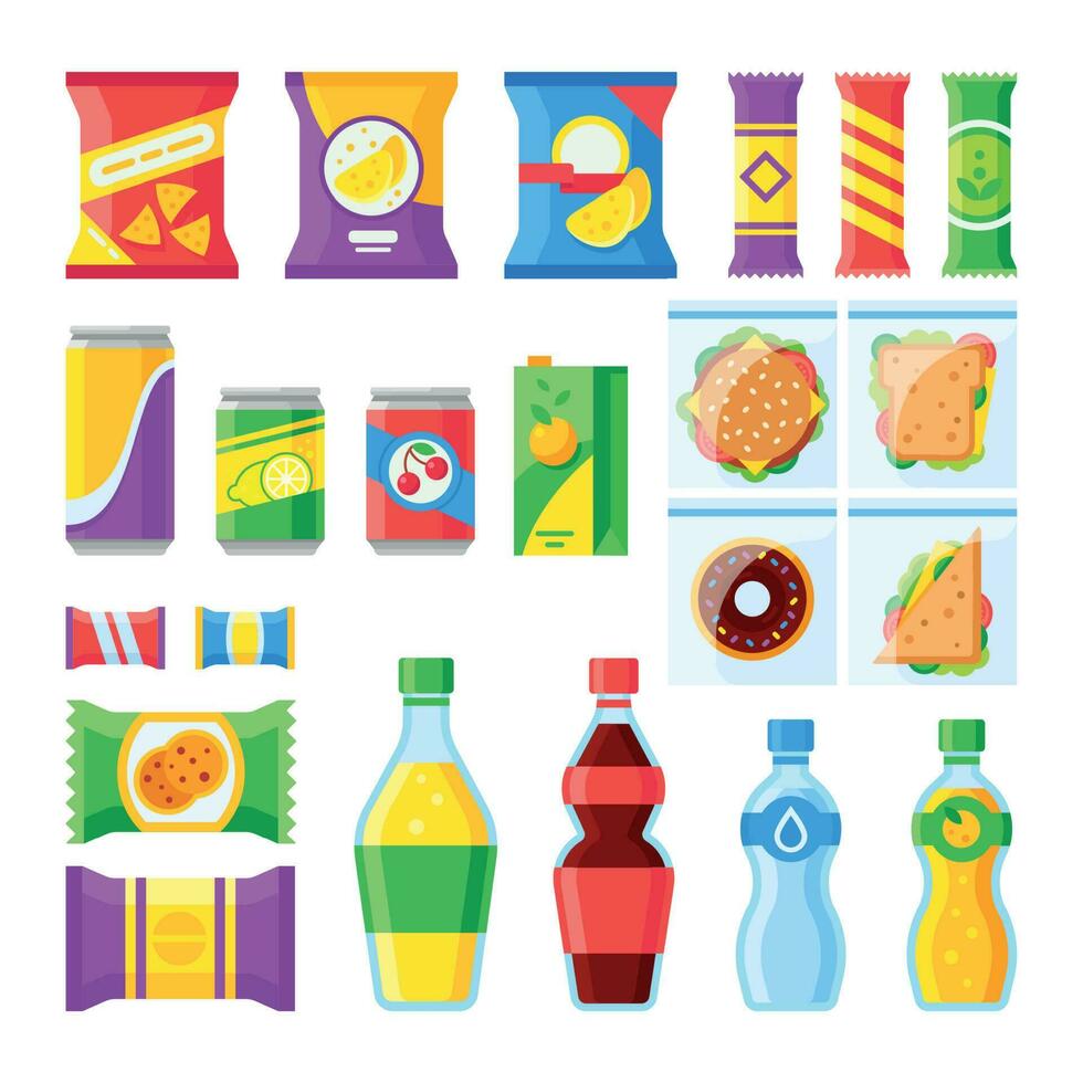 Vending products. Snacks, chips, sandwich and drinks for vendor machine bar. Cold beverages and snack in plastic package vector icons