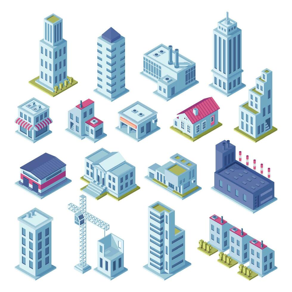 City buildings 3d isometric projection for map. Houses, manufactured area, storage, streets and skyscraper building isolated vector set