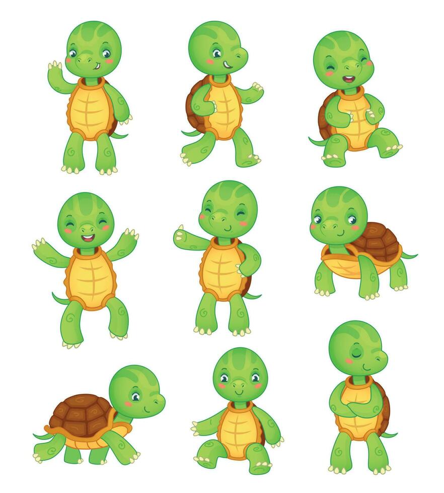 Cartoon turtle. Cute kids turtles, wild animals character set. Tortoise characters vector animal illustration collection