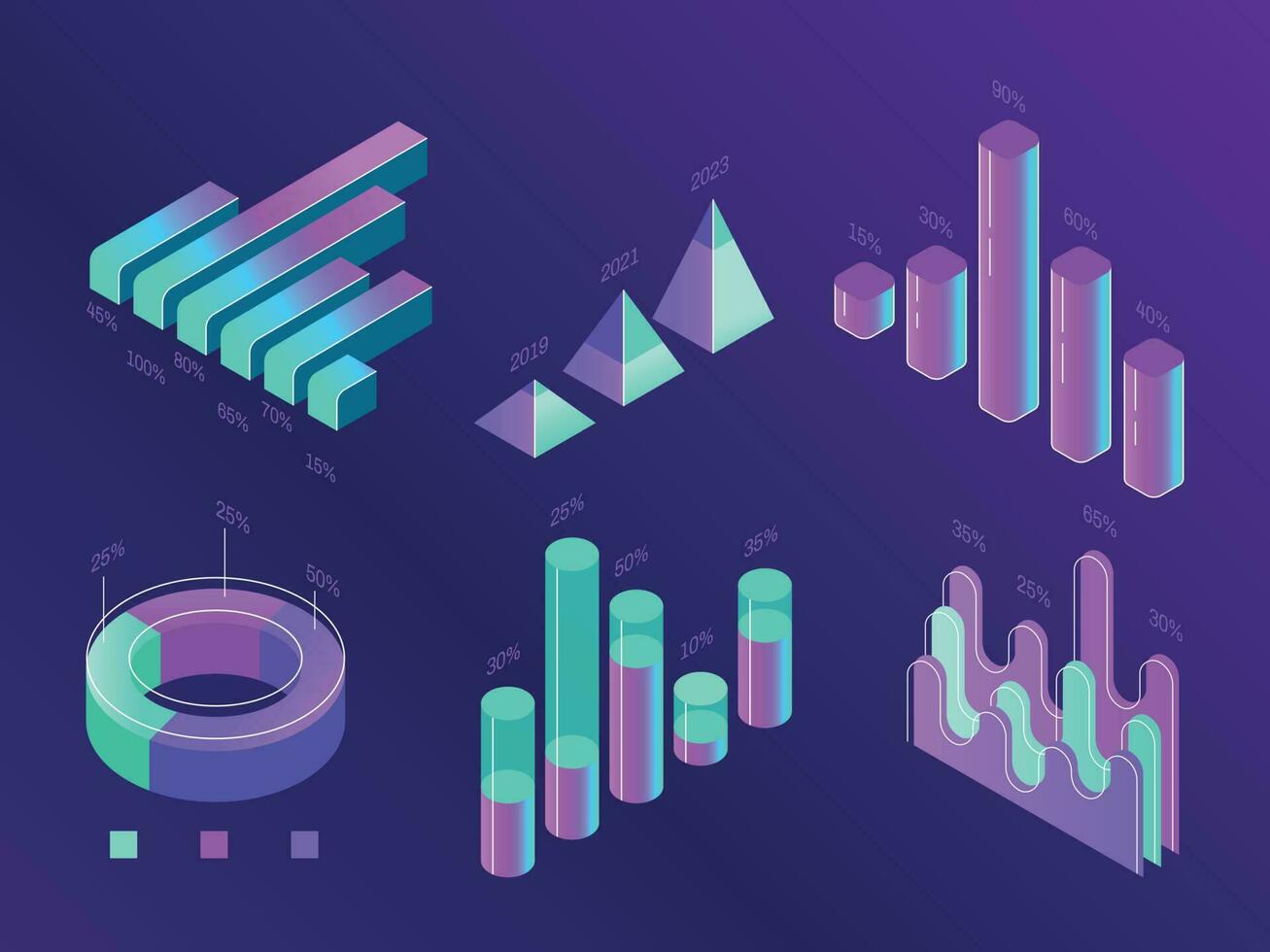 Modern isometric business infographic. Percentage charts, statistics columns and diagrams. Data 3d presentation chart vector set