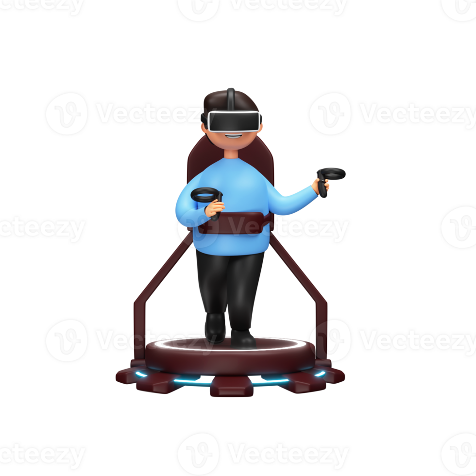 3D Rendering Happy Male Character Wearing Vr Glasses With Controller On Treadmill. png