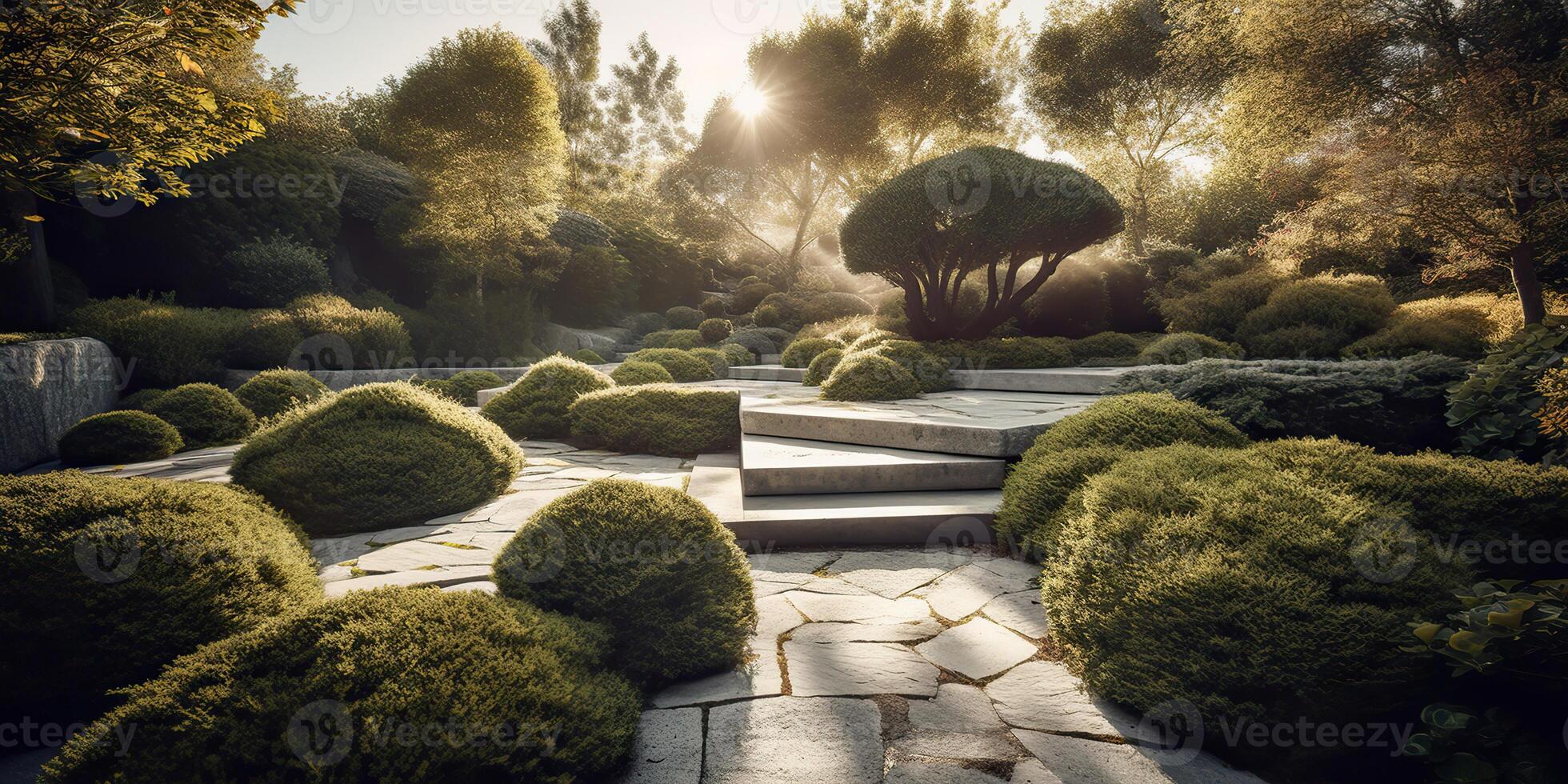 ai generado. ai generativo. foto realista ilustración de escandinavo paz calma meditación jardín fuera de ciudad casa. relajarse onda. gráfico Arte