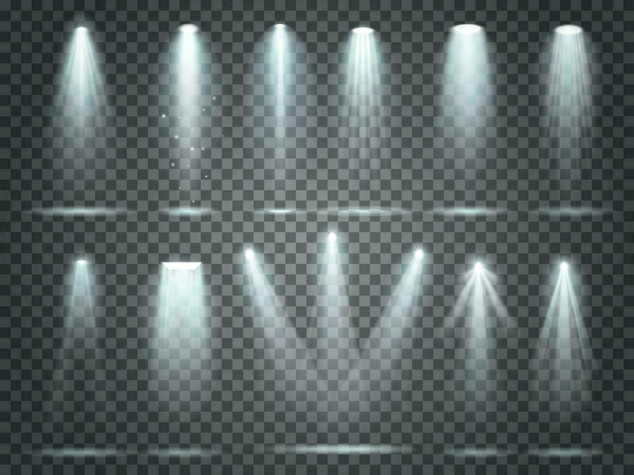 Beam of floodlight, illuminators lights, stage illumination spotlight. Night club party floodlights and spotlights lighting vector set