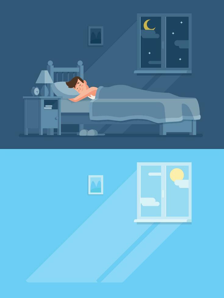 hombre dormido debajo funda Nordica a noche, despertar arriba Mañana y consiguiendo fuera de cama. pacíficamente dormir en confortable lecho dibujos animados vector concepto