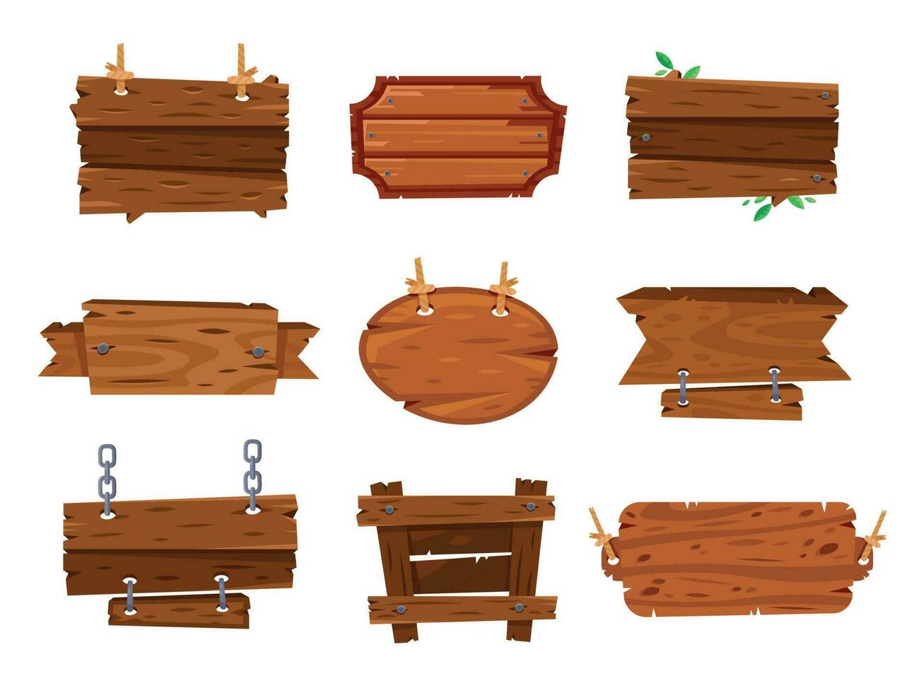 dibujos animados madera tableros señales y marrón de madera pancartas madera plato tablón, dibujos animados bosquejo tablero firmar aislado marcos vector ilustración