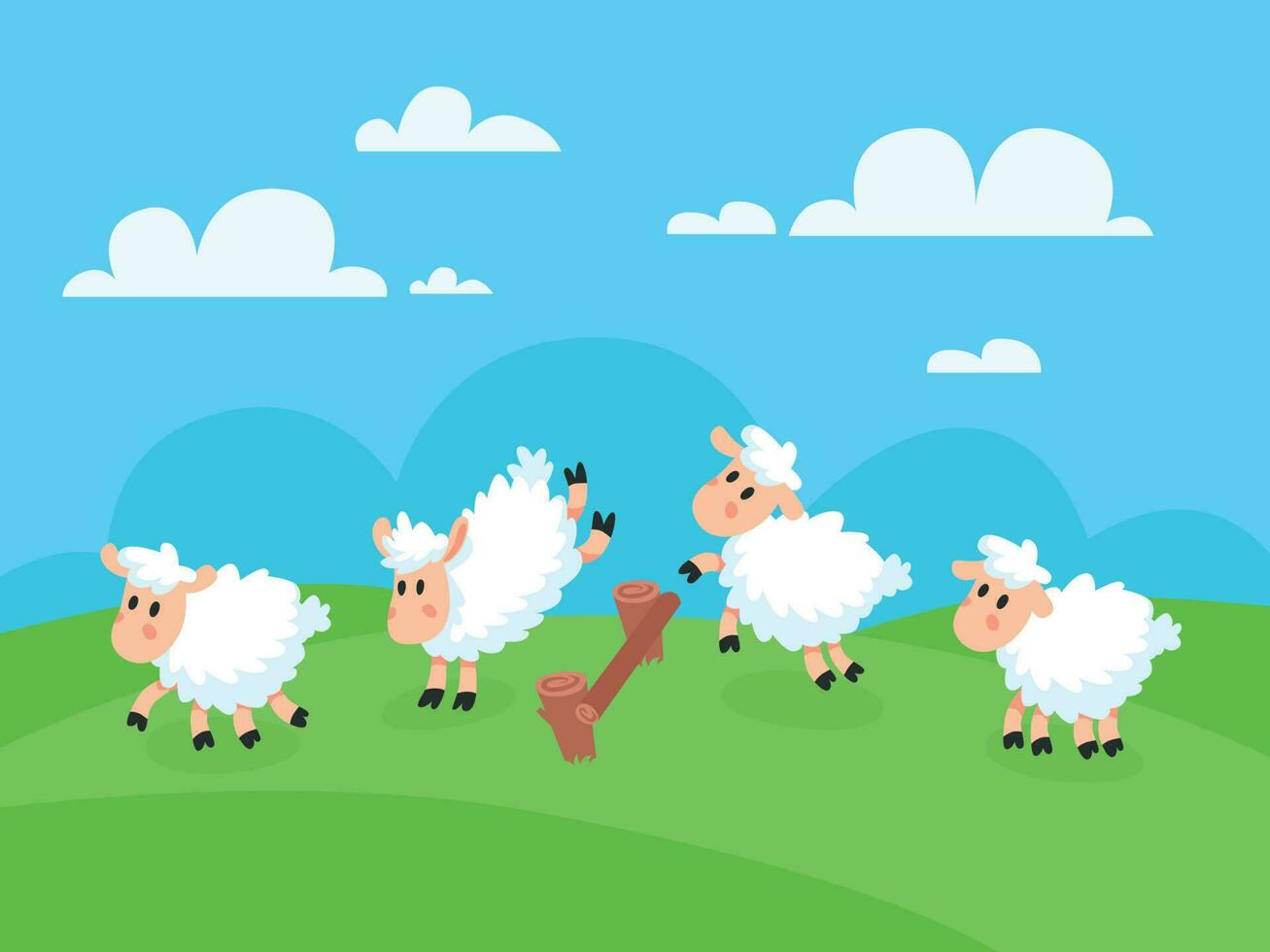Counting jumping sheeps for goodnight sleep. Sheep jump over fence for insomnia vector concept illustration