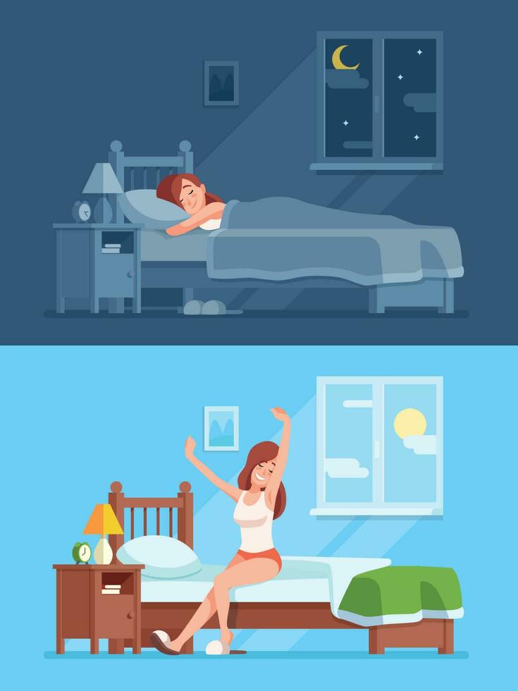 dama dormido debajo funda Nordica a noche, despertar arriba en Mañana y extensión sentado en colchón. mujer dormir en cama dibujos animados vector concepto