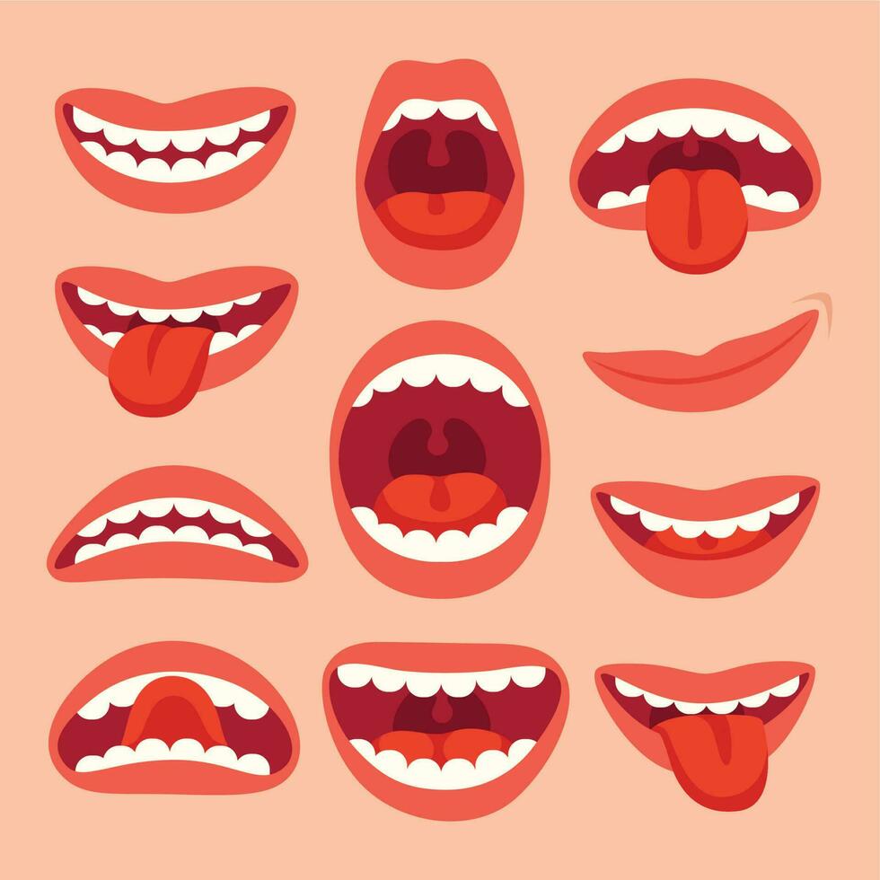 dibujos animados boca elementos recopilación. espectáculo lengua, sonrisa con dientes, expresivo emociones, sonriente bocas y fonemas vector conjunto