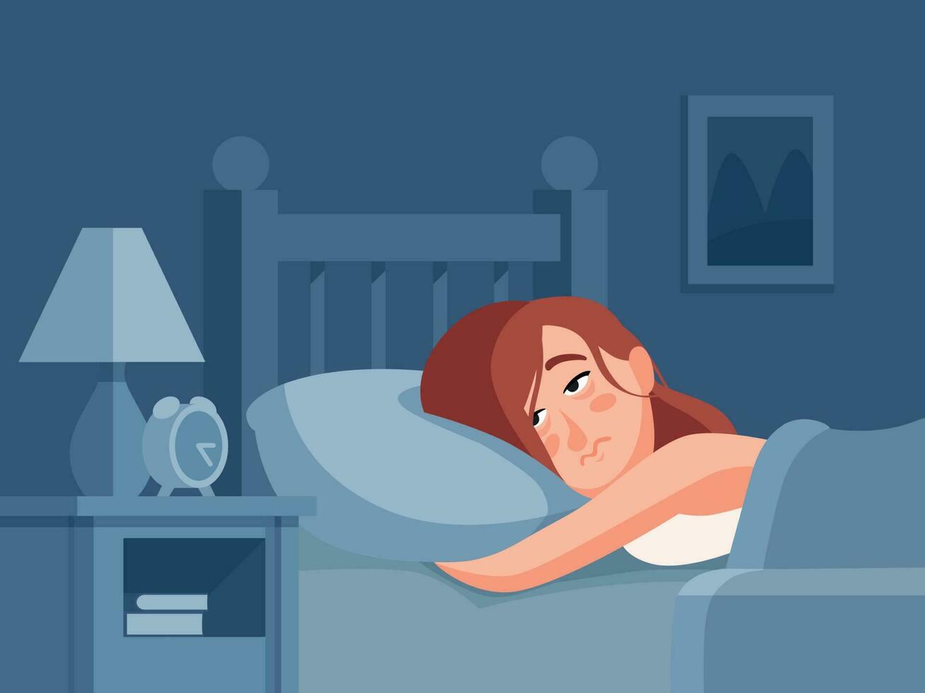 Woman with insomnia or nightmare lying in bed at night background. Sleepless person awake with tired sadness face cartoon illustration vector