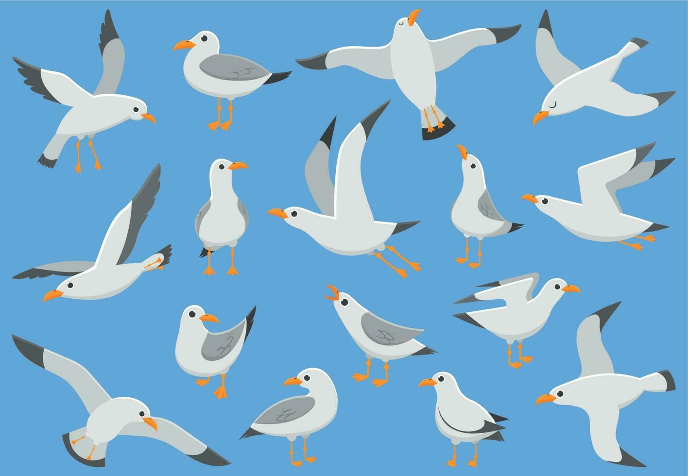 Atlantic white seabird fly at sky. Beach seagull at quay. Sea birds, gull cartoon vector illustration