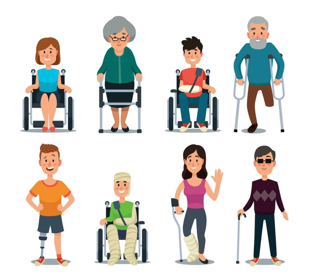 Disablement person. Blind disability people and elderly on crutches or wheelchair. Disabled character for medical vector background