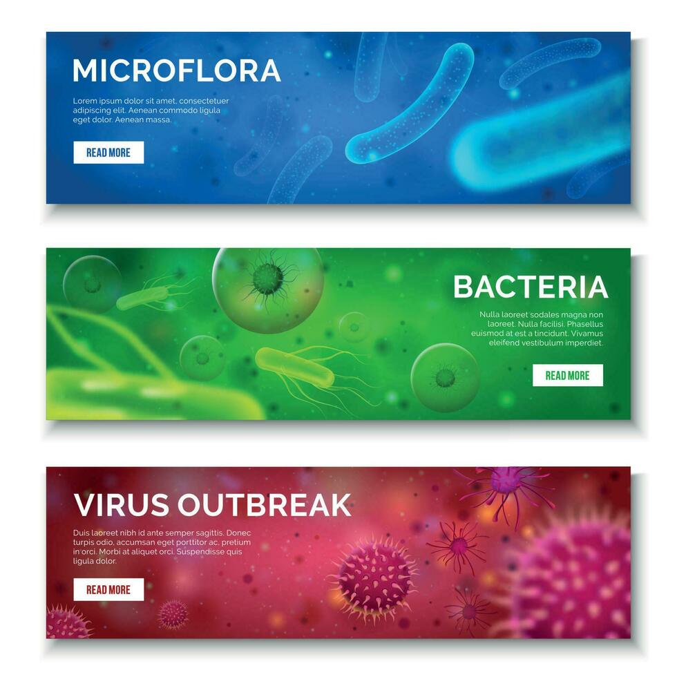 Microbiology 3d background. Viruses, infection and bacteria for banners. Virus bacterium science isolated banner set vector
