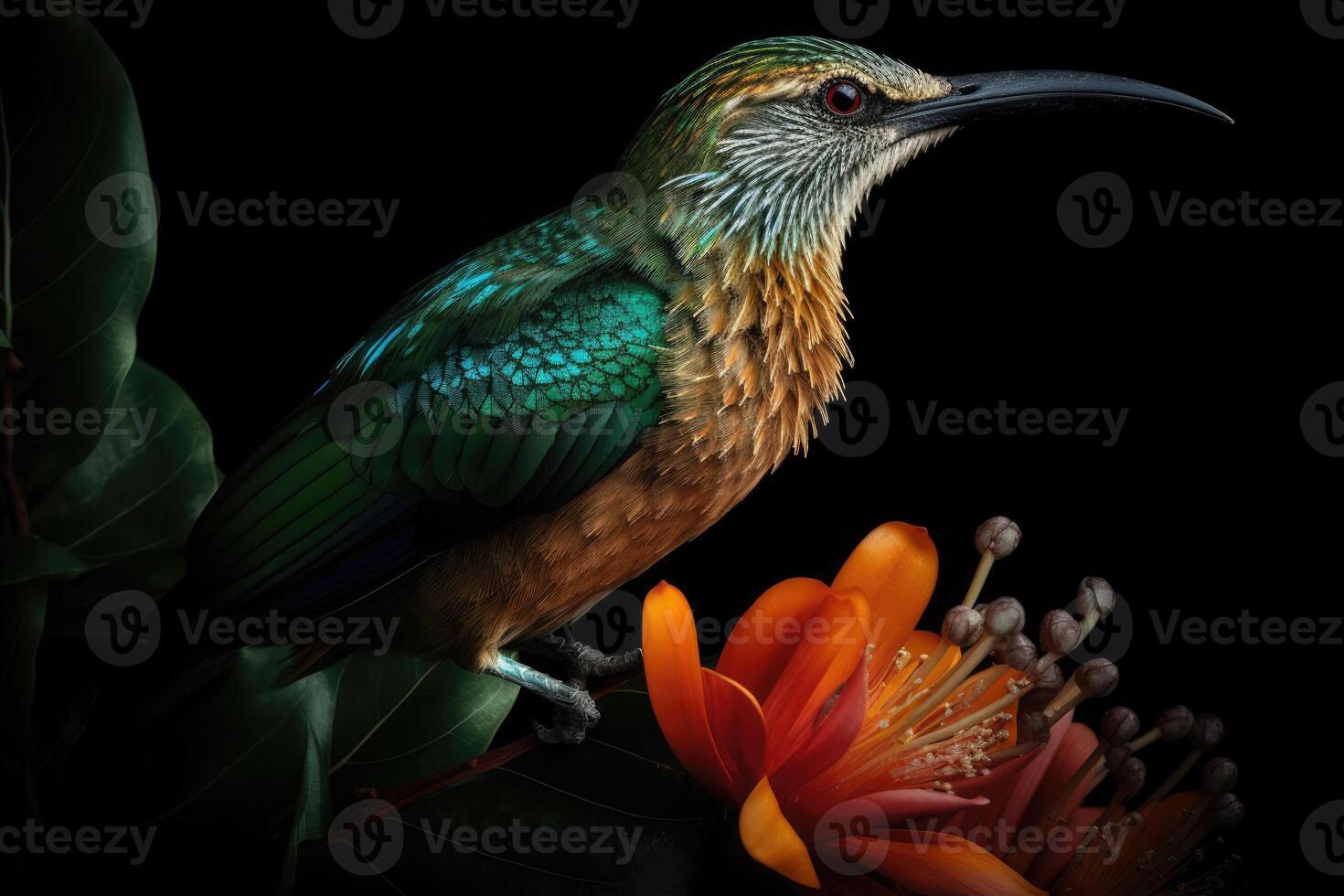 Colored tropical bird and beautiful surreal flowers. photo