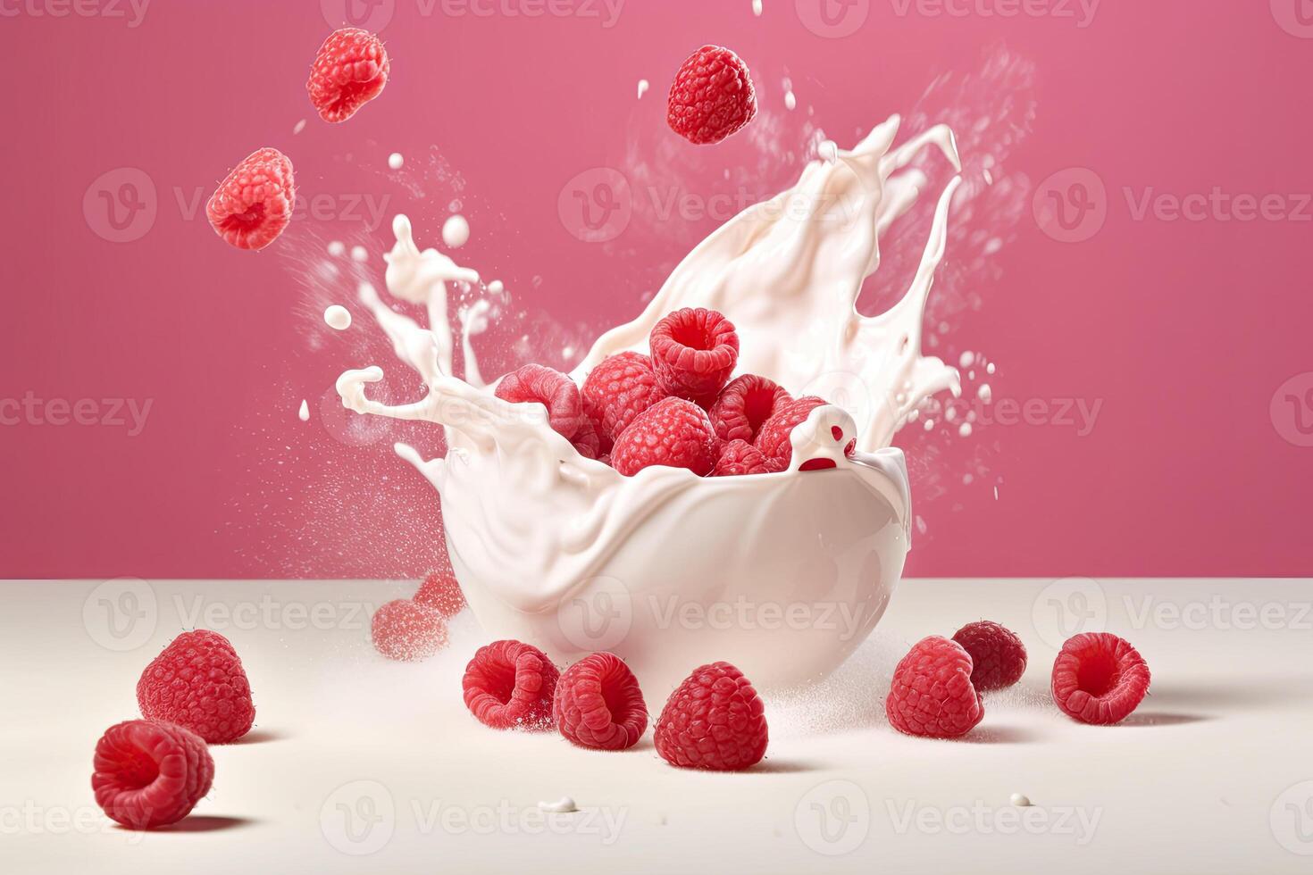 Splash of tasty yogurt and fresh raspberries on pink background. photo