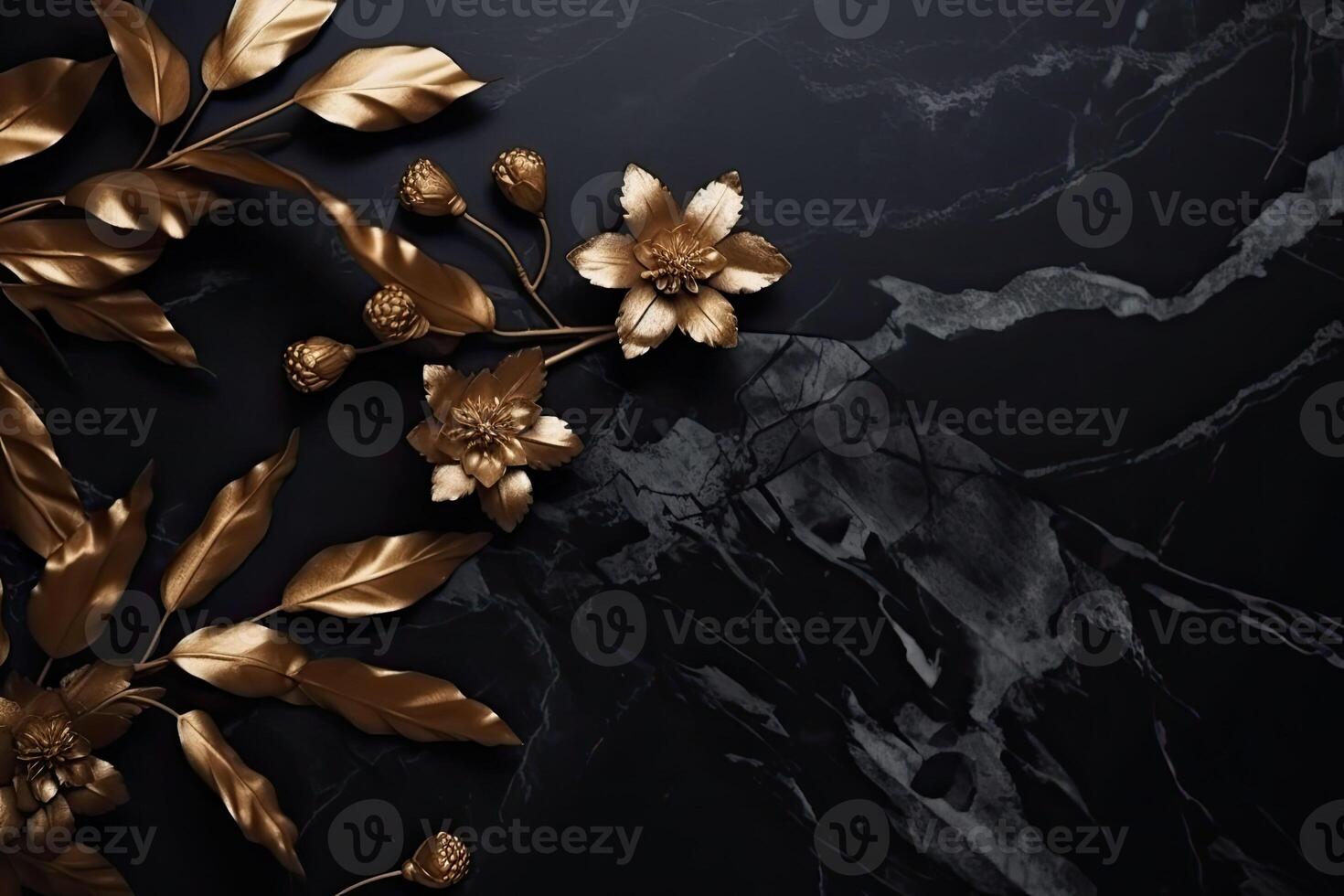 The marble texture in black and gold colors with golden flowers. Luxurious design. photo